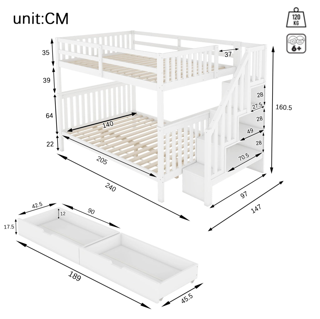 Letto a castello 140x200 cm con 2 cassetti e scala in pino e MDF bianco