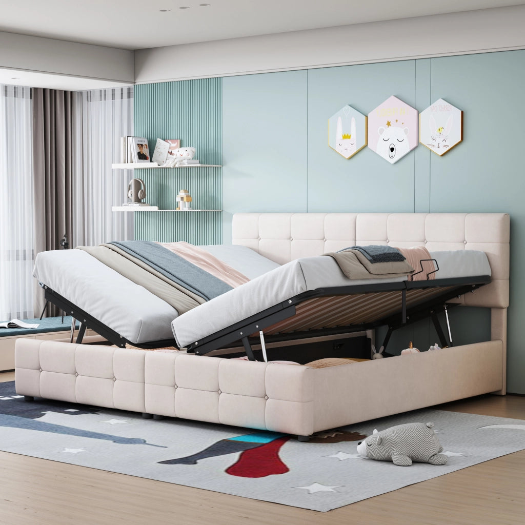 Letto contenitore 180 × 200 cm con apertura idraulica divisibile in due letti rivestito in velluto beige