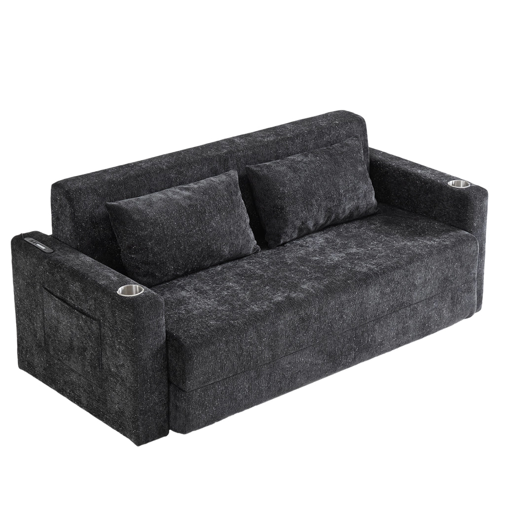 Divano letto 2 posti pieghevole con USB; portabicchieri e tasche laterali; nero/grigio