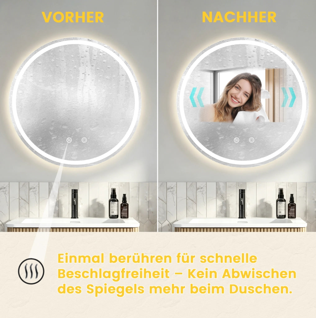 Specchio bagno rotondo 80×80 cm con illuminazione dimmerabile e antiappannamento, 3 tonalità di luce regolabili, montaggio a parete