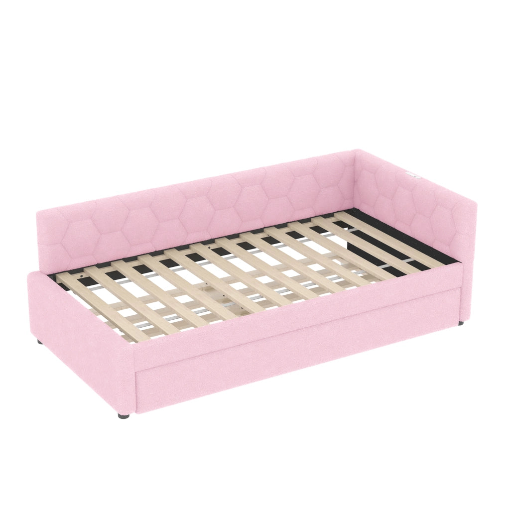 Letto singolo estraibile 90×200 cm con USB; Type-C; lampada; rete; senza materasso; tessuto non tessuto e MDF; rosa