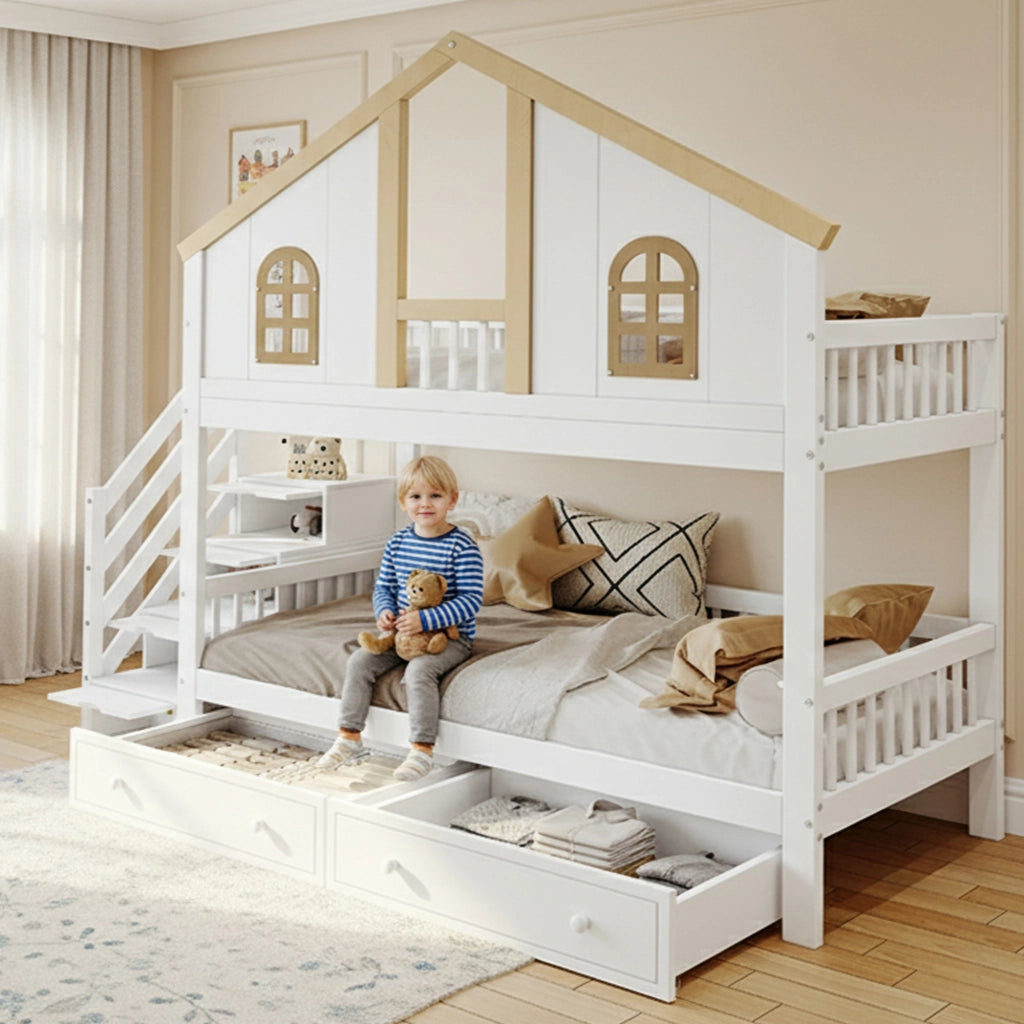 Letto a Castello per Bambini 90x200 cm con Design Casetta con Finestre, 2 Cassetti, Scala Contenitore, Bianco E Naturale