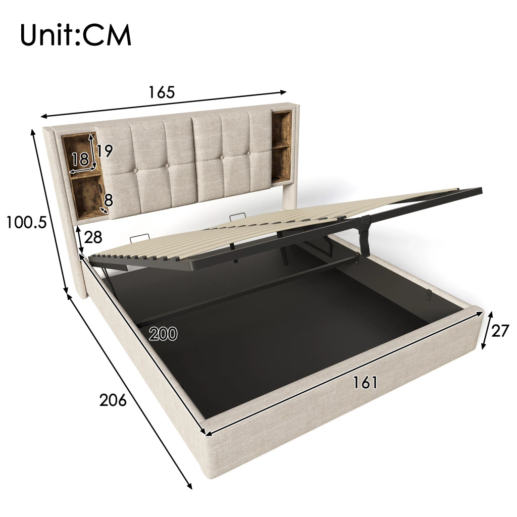 LETTO Contenitore 160x200 cm Lino Naturale con ricarica wireless USB-C