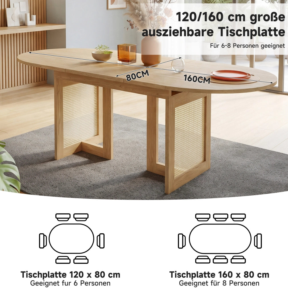 Tavolo da pranzo allungabile 120/160x80 cm con gambe in rattan color quercia, per 6-8 persone, con angoli arrotondati e piano spesso in MDF