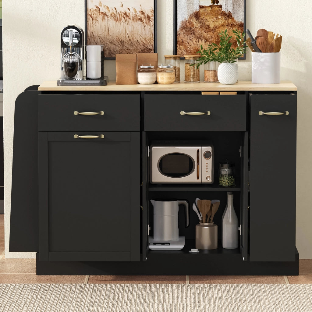 Credenza da cucina con vano pattumiera, ripiani aperti per spezie e vani contenitore, nera in MDF, 133.5 × 40 × 86 cm