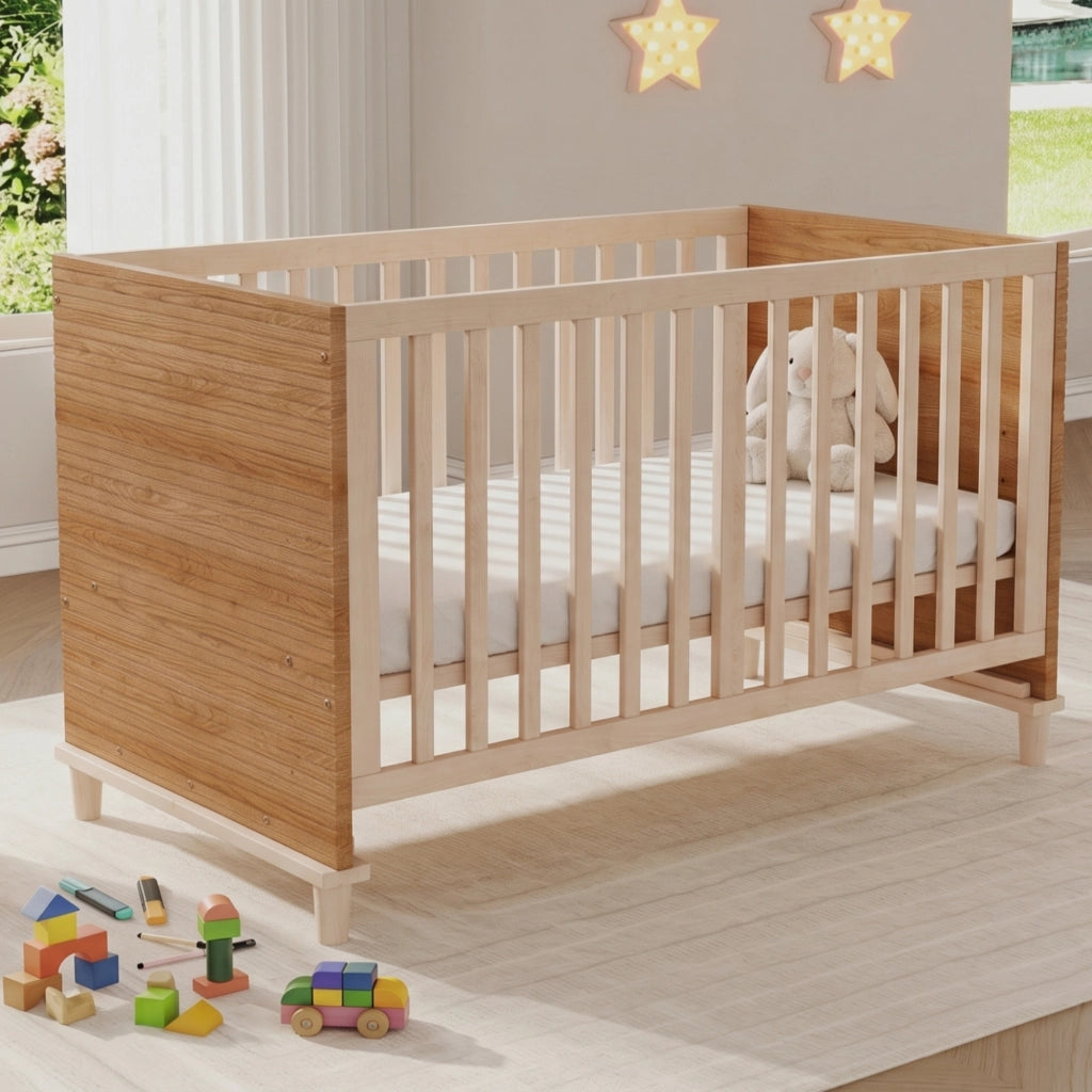 Culla con rete a doghe regolabile in 5 altezze in legno e MDF colore naturale