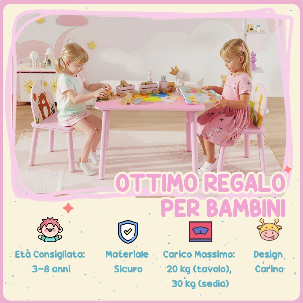 Set 3 Pezzi Tavolo e Sedie per Bambini 3-8 Anni in MDF e Legno di Pino Rosa con Motivi Animali Bordi Arrotondati Robusto Facile da Montare