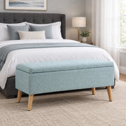 Panca contenitore imbottita 110x39x45 cm in poliestere verde con gambe in legno