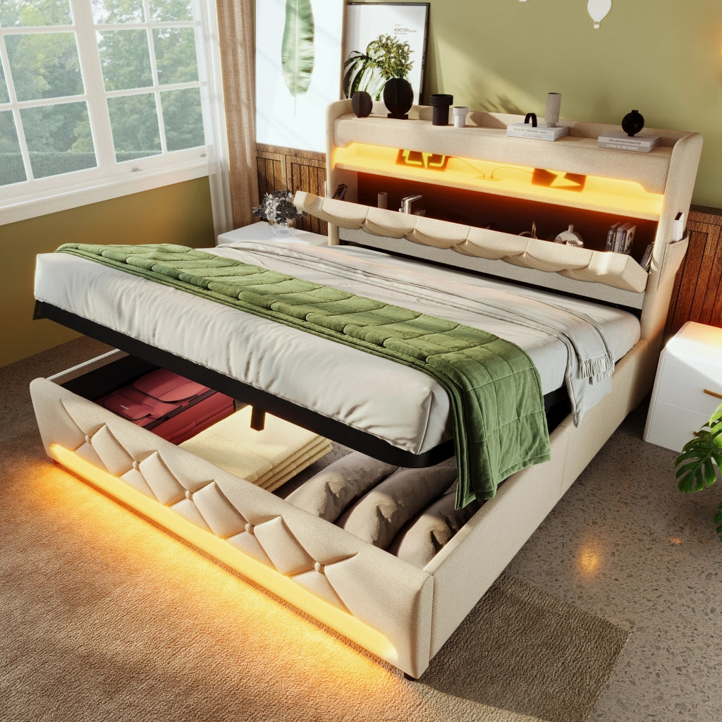 Letto contenitore 140 × 190 cm con testiera con prese USB e Type-C LED 360° in lino beige