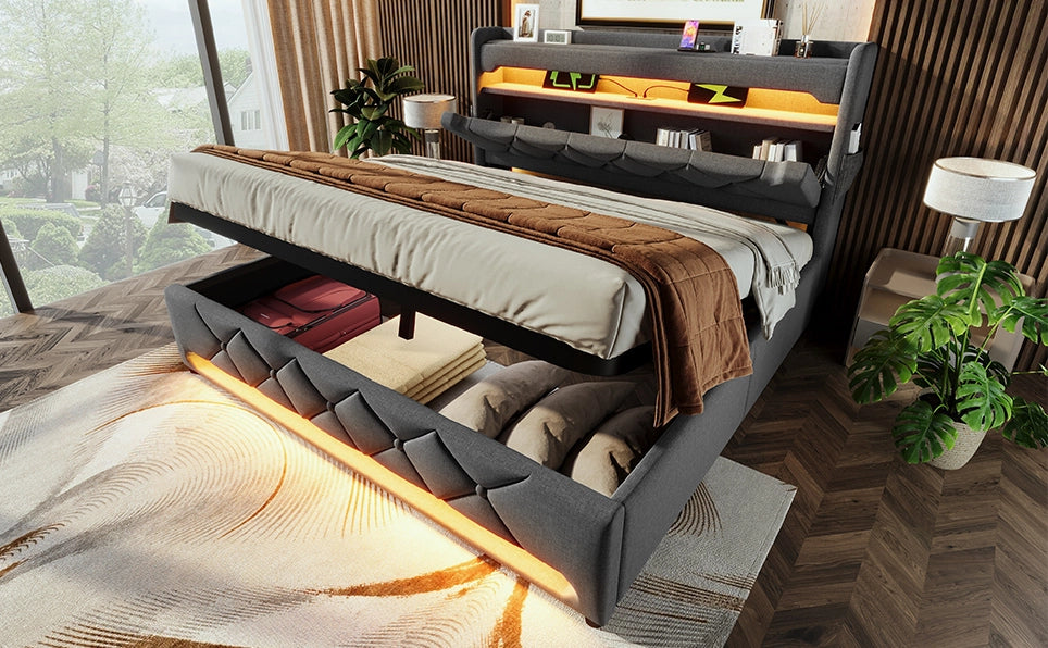 Letto matrimoniale imbottito 140x200 cm con testiera contenitore, porta USB e Type-C, illuminazione LED 360°, tessuto lino grigio senza materasso