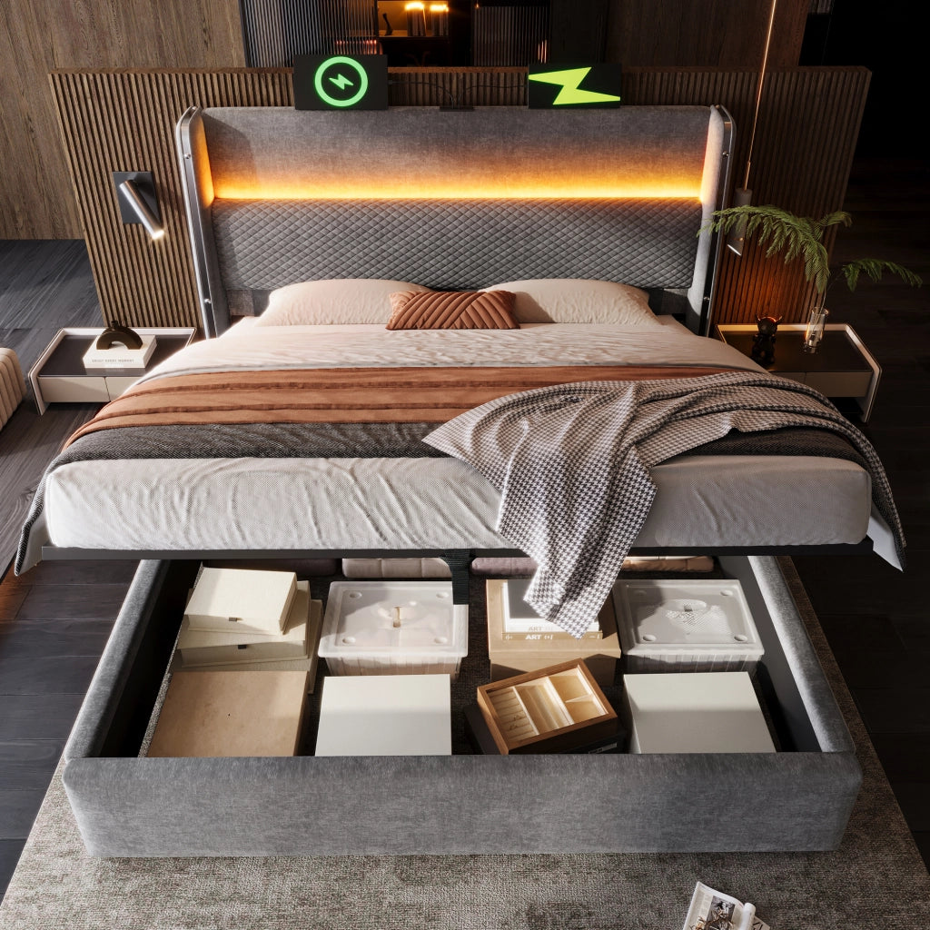 Letto matrimoniale contenitore 180 × 200 cm con testiera alta led usb type-c in lino grigio