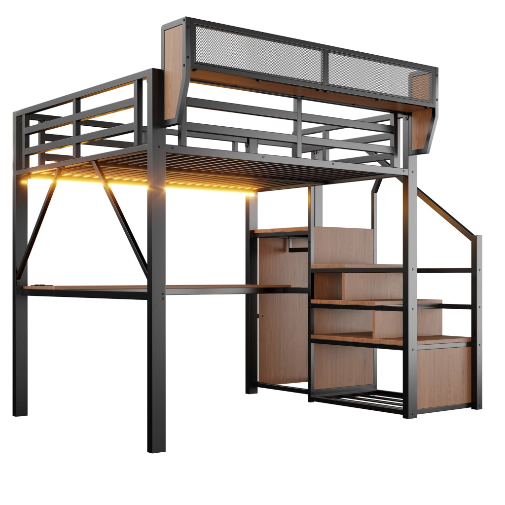 Letto a soppalco per adulti 140x200 cm con LED; scrivania 200 cm; presa multifunzione; metallo nero