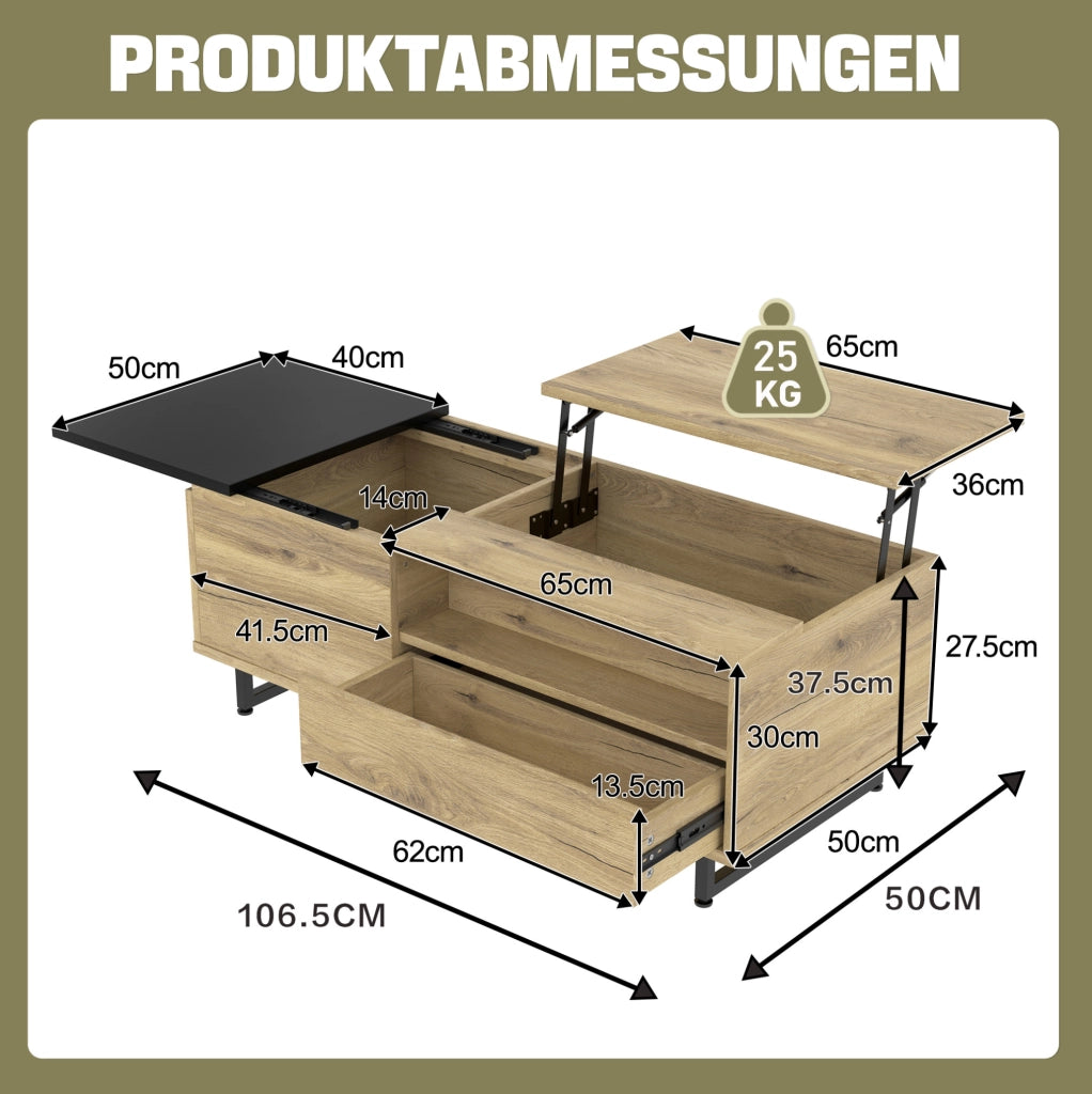 Tavolino da soggiorno multifunzionale con piano regolabile in altezza, LED integrato e ampio spazio contenitivo, struttura in metallo, finitura legno e nero, 103,5x50x27,5 cm