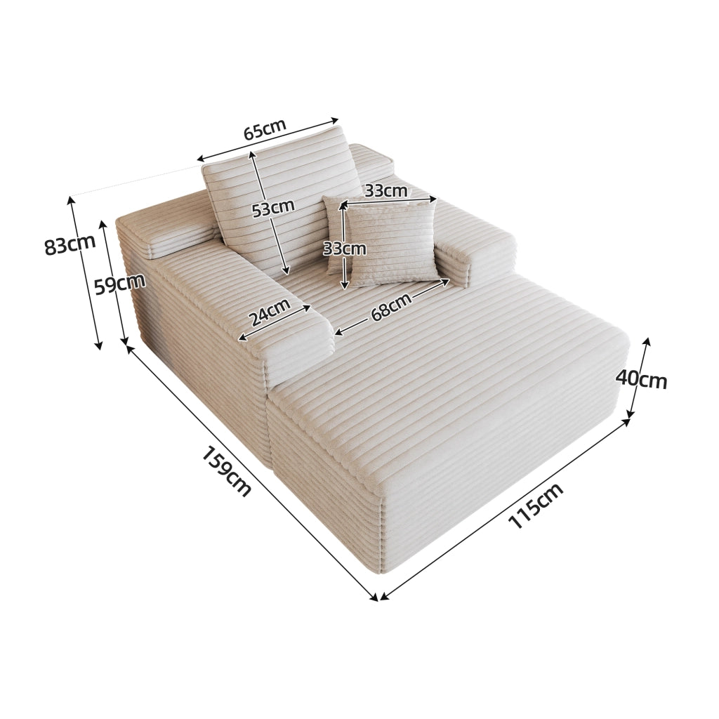 Divano in velluto a coste bianco chaise longue con seduta profonda 115x159x60 cm 1 posto