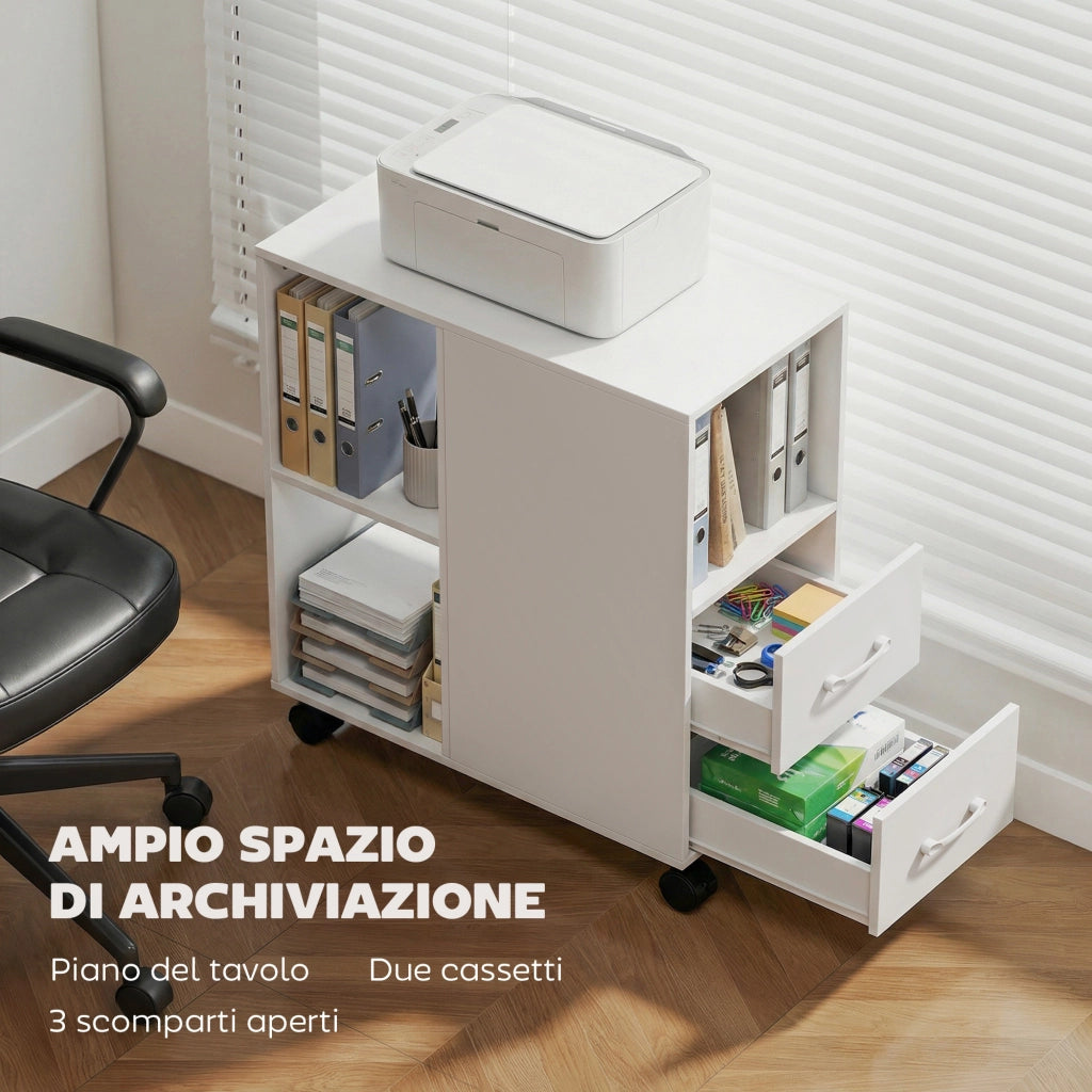 Mobile per Stampante in Legno Bianco 60x30x65 cm, Carrello con 2 Cassetti, Ripiano Regolabile e Ruote, Pratico e Salvaspazio per Casa e Ufficio