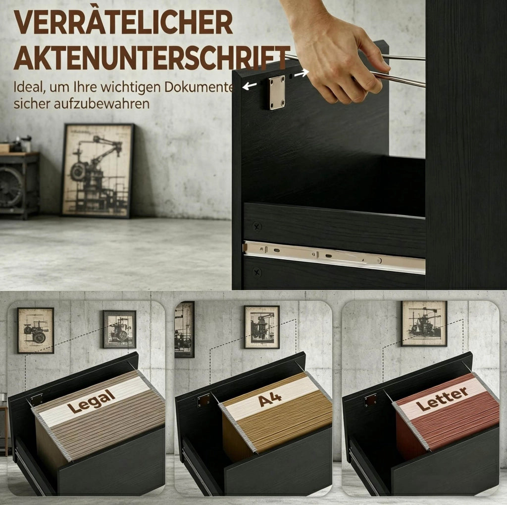 Scrivania per computer nera con libreria e cassetto chiudibile