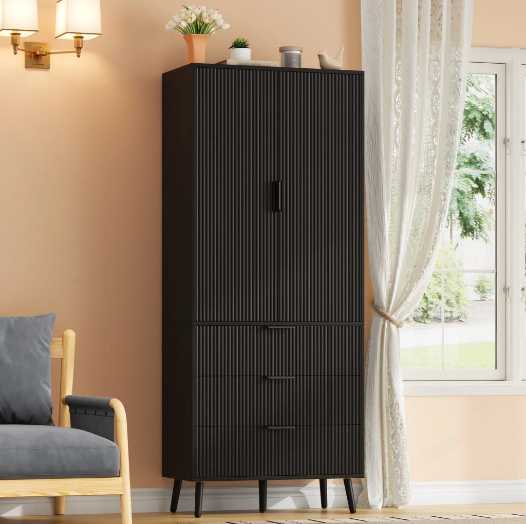 Mobile alto ULEVR 75x35x180 cm con 2 ante, 3 cassetti e ripiani regolabili, MDF nero