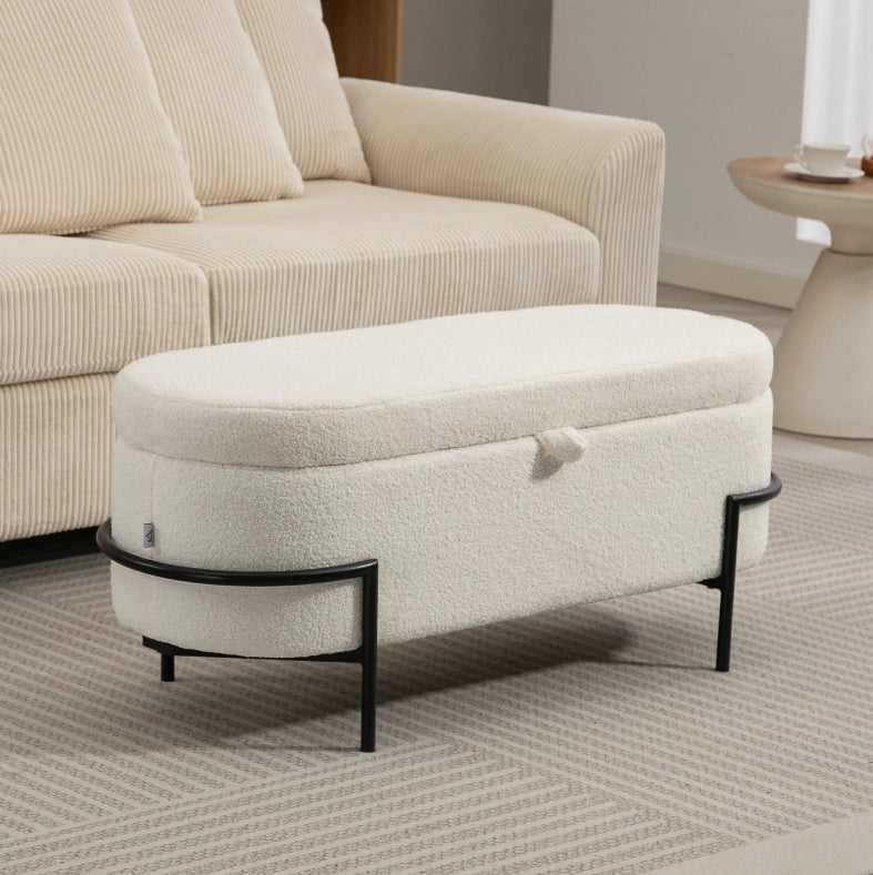 Panchetta con spazio contenitore 69L, seduta imbottita in fleece crema, gambe in acciaio, 114,5x40x48 cm