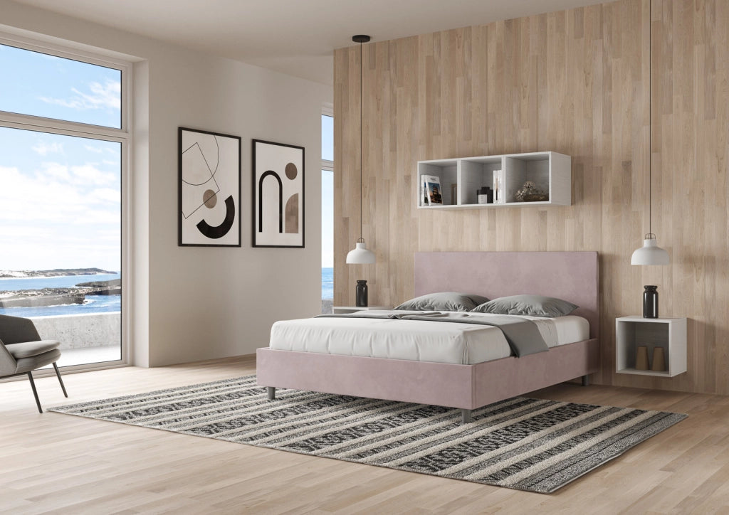 BS COM Letto matrimoniale con rete imbottito 160x210 microfibra glicine