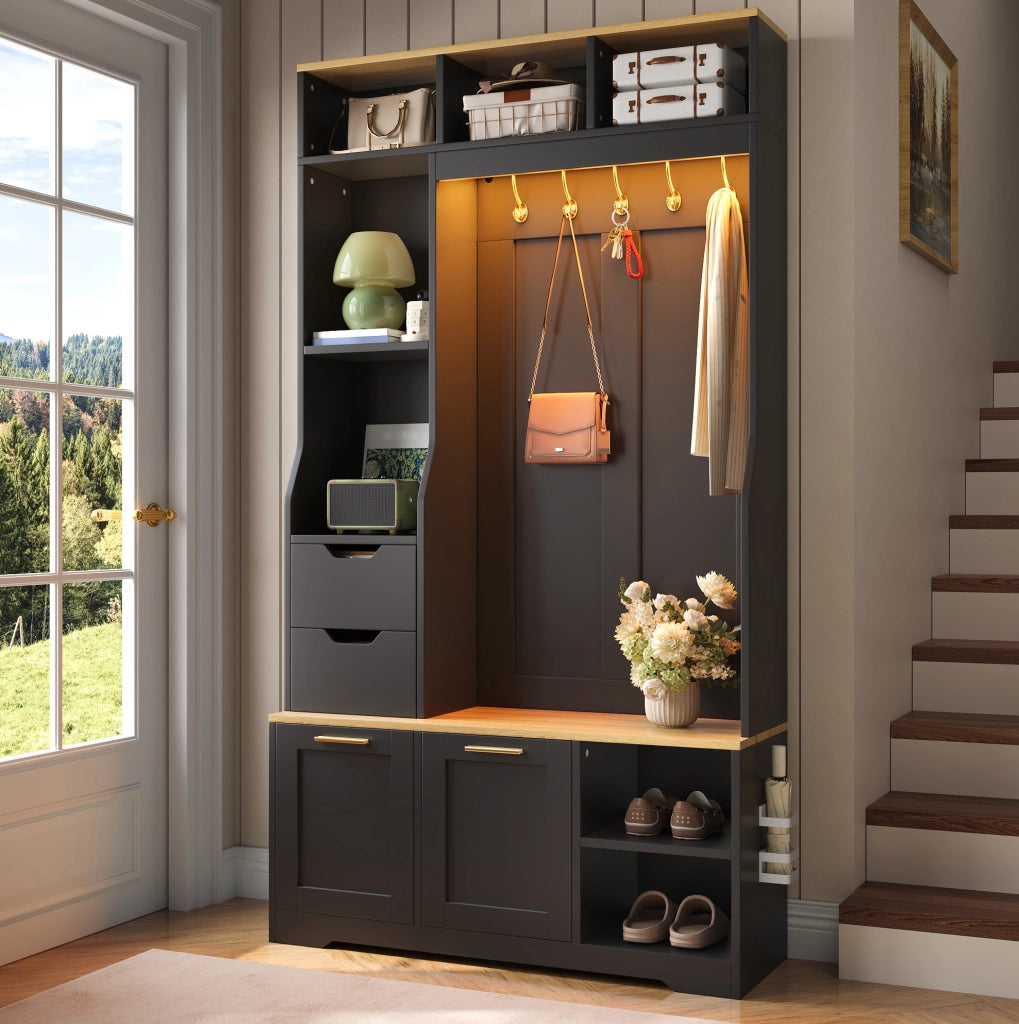 Armadio da ingresso con panca; scarpiera e LED regolabile tramite app; 100x32x186 cm; nero