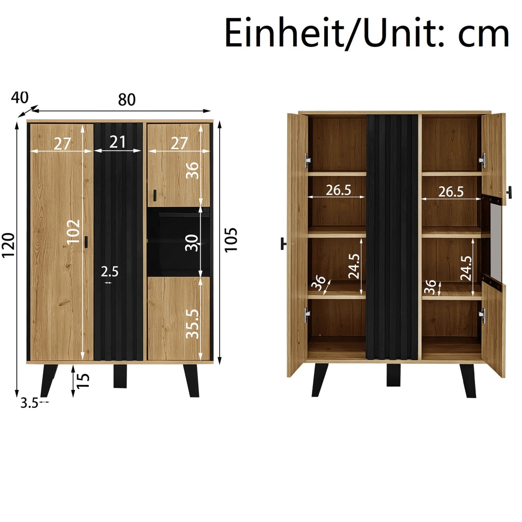 VETRINA con LED 80x120x40 cm in pannello truciolare nero e colore legno