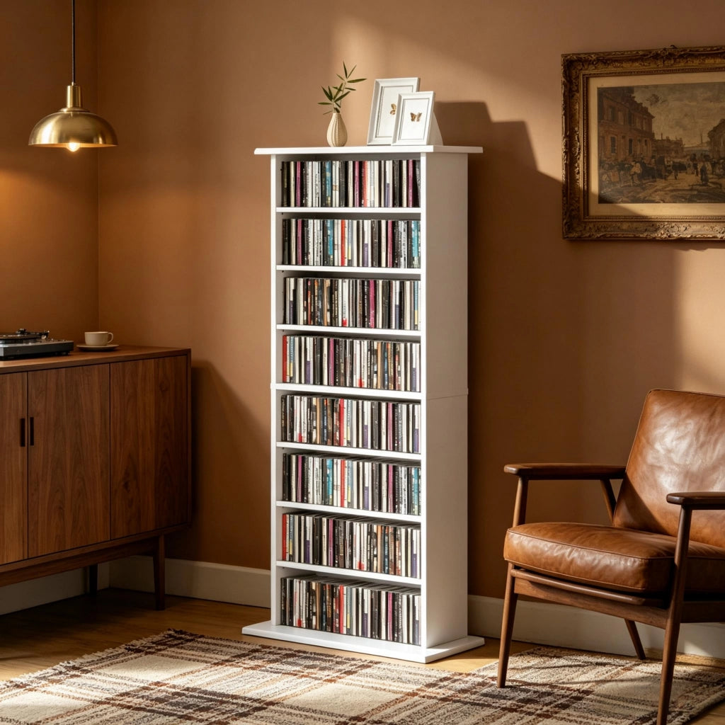 Mobile porta CD e DVD 58x24x126.3 cm con 6 ripiani regolabili in pannello di particelle bianco