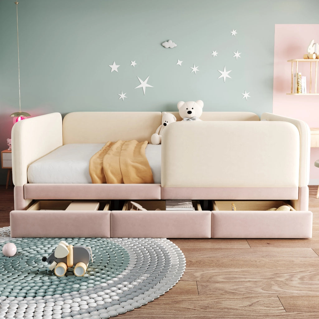 Letto con cassetti 140 × 200 cm imbottito in velluto beige e rosa con bordi arrotondati e 12 doghe