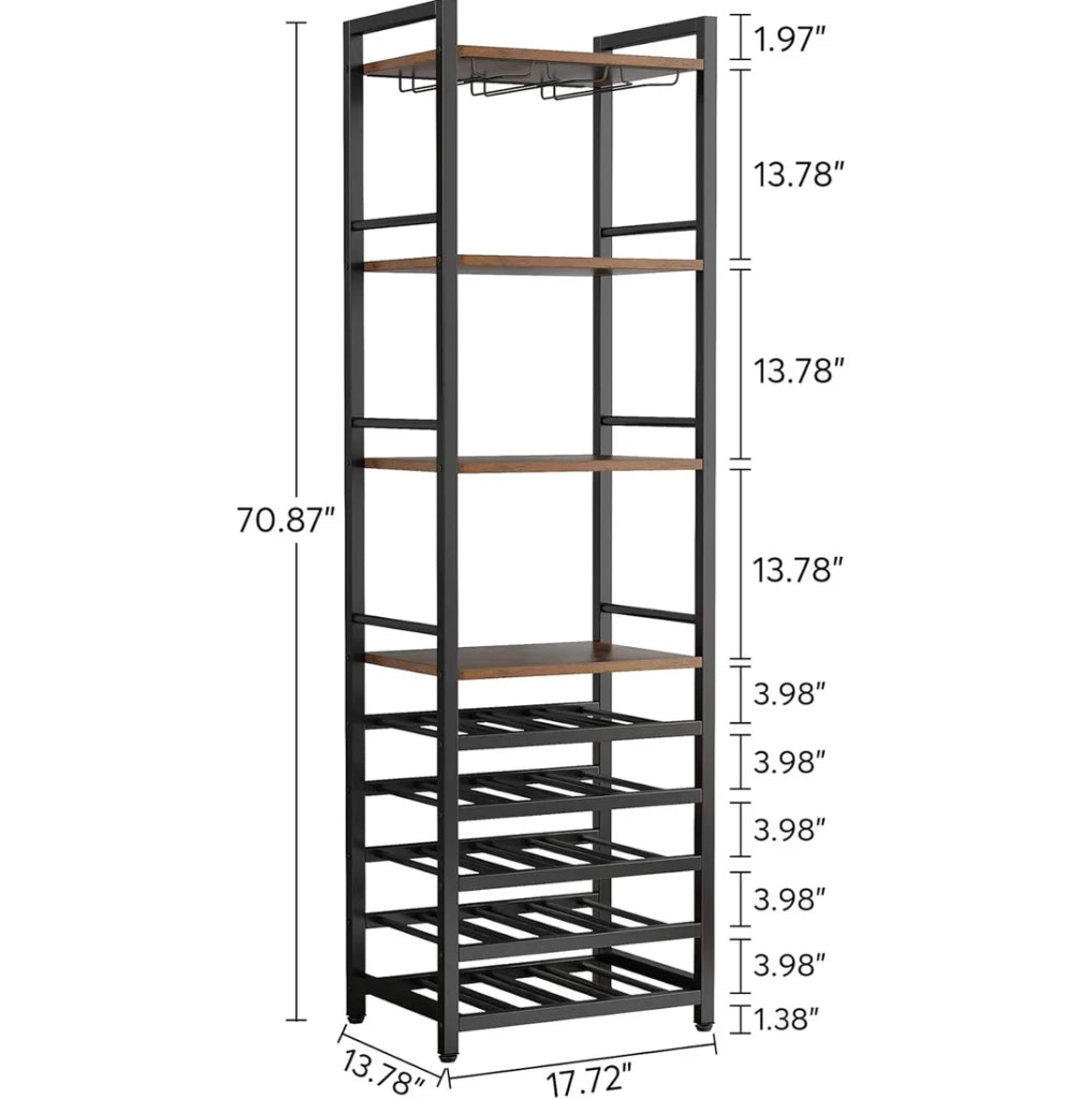 Portabottiglie in stile industriale con porta bicchieri e scaffali, 45x35x180 cm