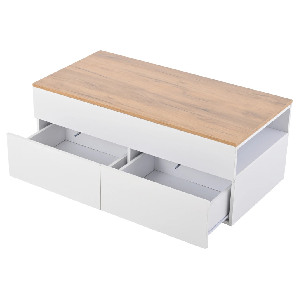 Tavolino da caffè sollevabile 100x50x40 cm con 2 cassetti; bianco e legno