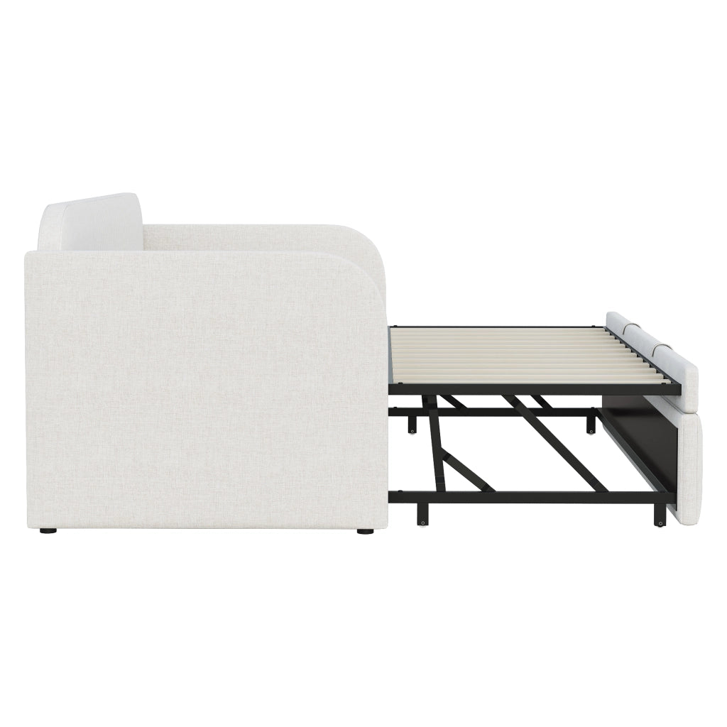 Divano letto imbottito 90x190 cm allungabile a 180x190 cm; beige; con rete a doghe