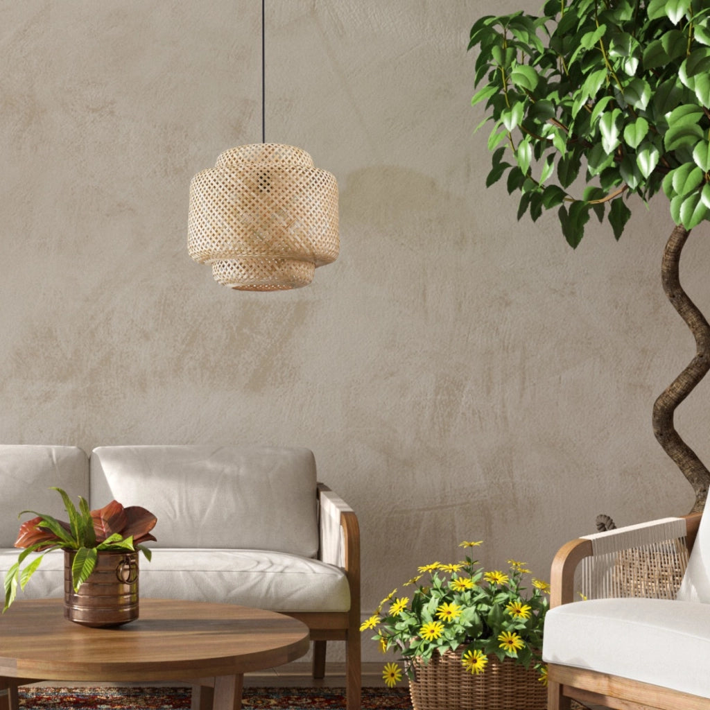 Lampada sospensione boho bambù crema Ø40 E27 Polux Berta