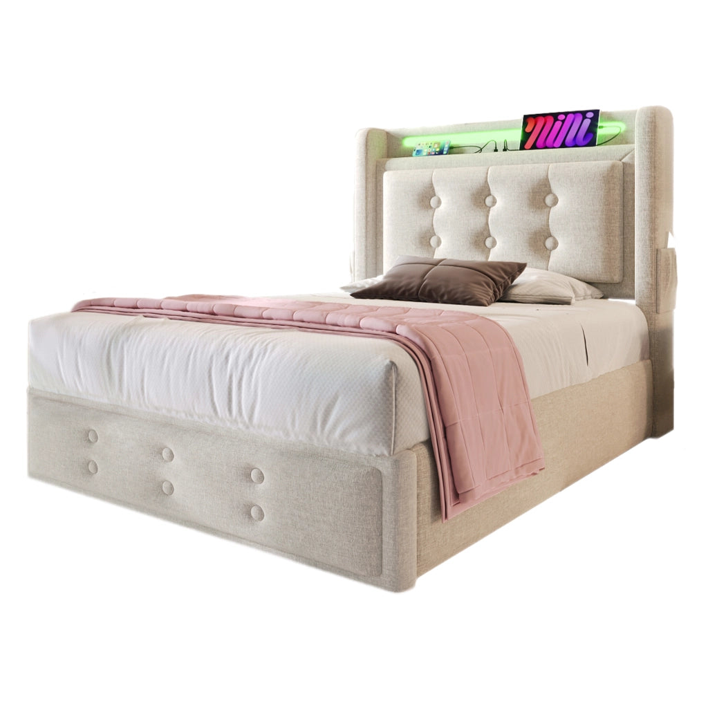 Letto singolo imbottito 90 ¡Á 200 cm con materasso contenitore LED prese USB e Type C tessuto cotone lino beige