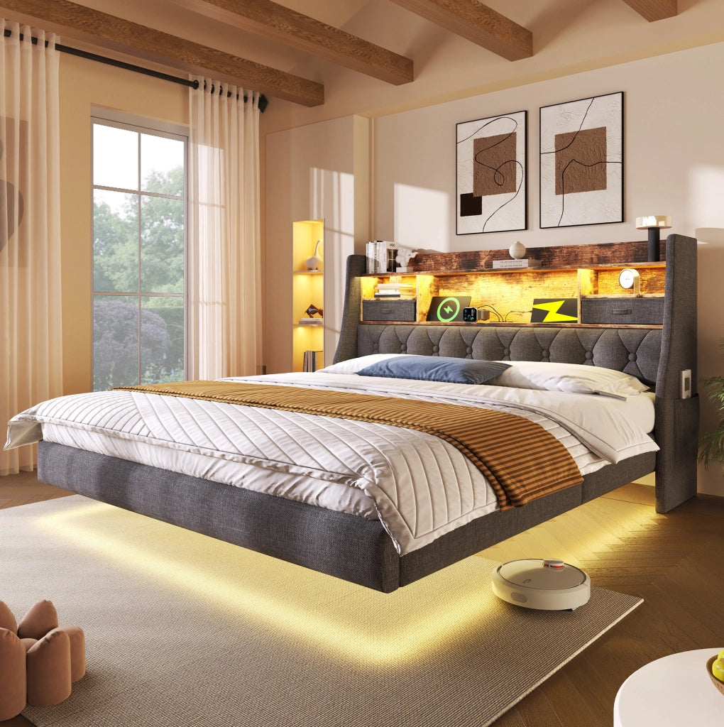 Letto imbottito 160x200 cm con illuminazione LED, testiera con stazione di ricarica USB e Type-C, struttura in lino grigio, senza materasso