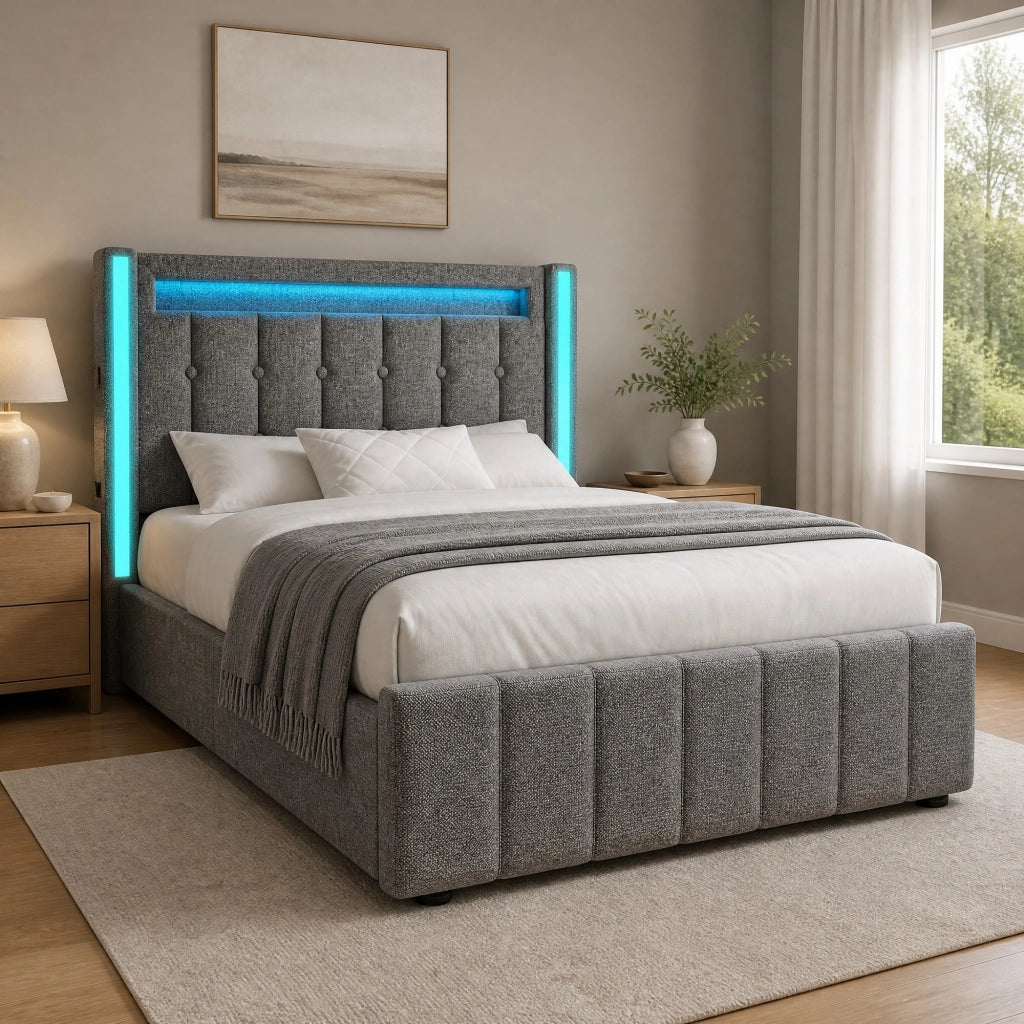 Letto con cassetti 90 × 200 cm con LED; USB e Type-C; testiera con tasche; rete a doghe; lino grigio