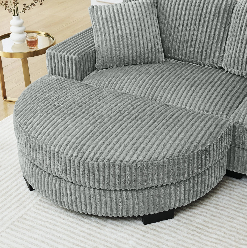 Divano angolare ULEVR 256,5x133,5x89 cm con pouf ovale reversibile, 2 cuscini, velluto a coste grigio