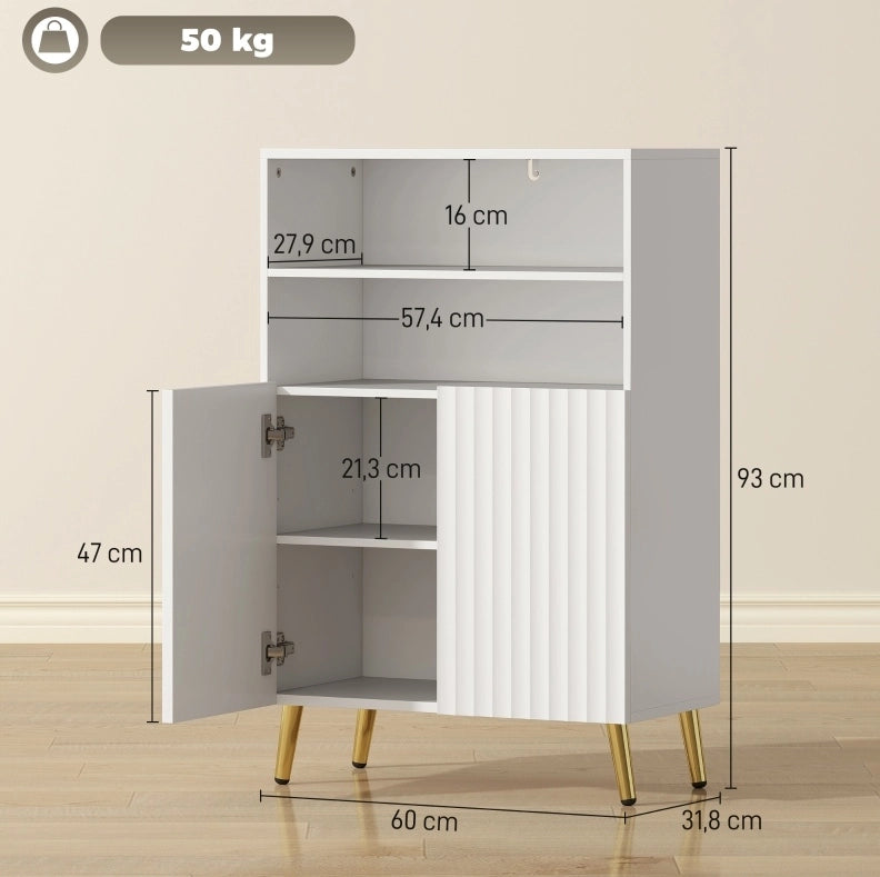 Mobiletto da bagno in MDF bianco con ante soft-close, 2 ripiani aperti e gambe dorate coniche