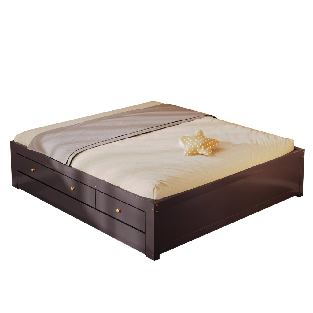 Letto matrimoniale con 3 cassetti e letto estraibile in MDF e pino color caffè per camera da letto