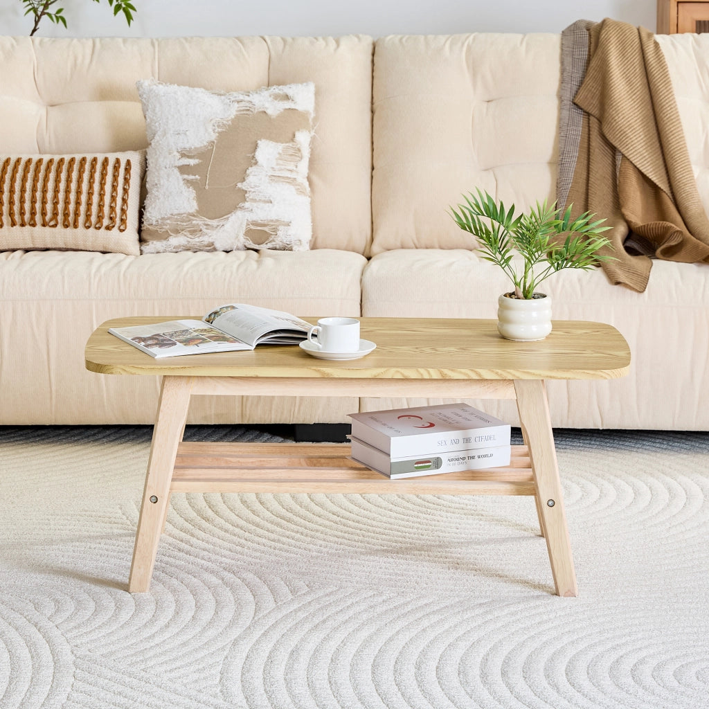 Tavolino basso fisso a due ripiani in legno con ampio spazio contenitore per soggiorno e ufficio 110 × 58 × 19 cm