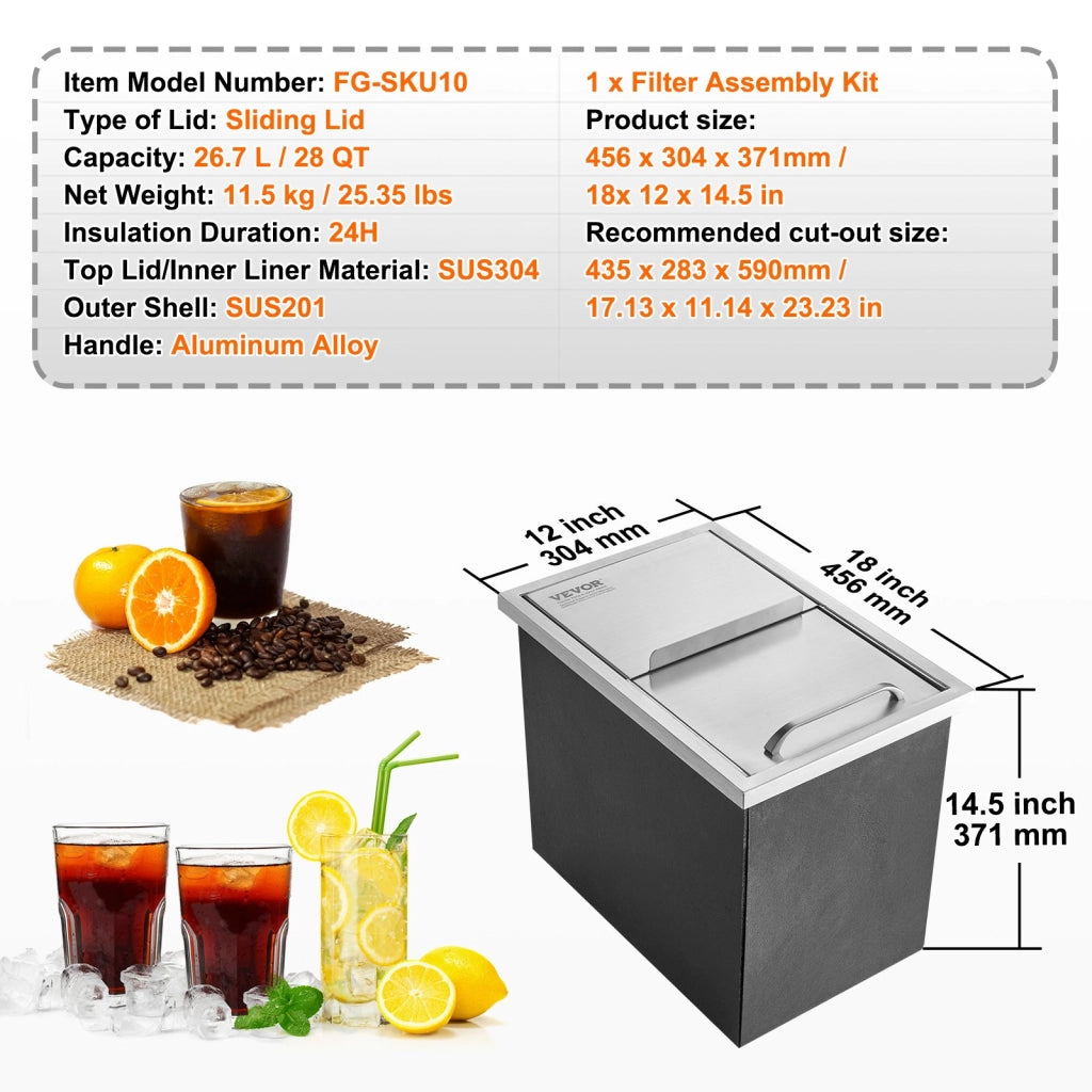 Vaschetta per Ghiaccio da Incasso in Acciaio Inox 26,7L Ghiacciaia Drop-in con Coperchio Isolamento 24 Ore per Bar e Feste FG-SKU10 456x304x371 mm