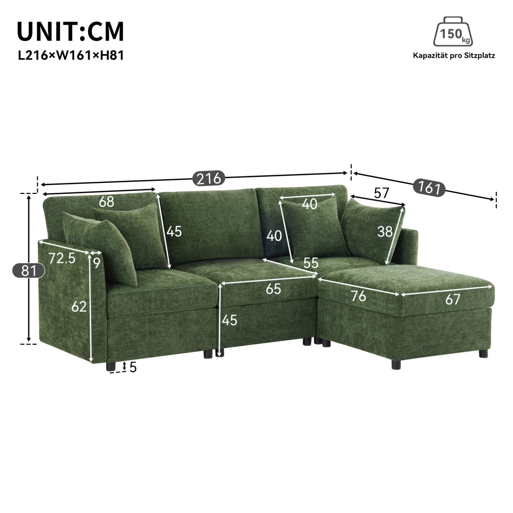 Divano modulare a L 216x161 cm con pouf mobile e 4 cuscini in ciniglia verde