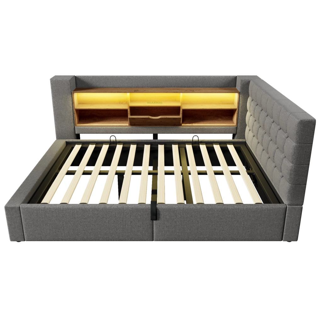 Letto 140x200 cm con contenitore idraulico; LED e porte USB in lino grigio