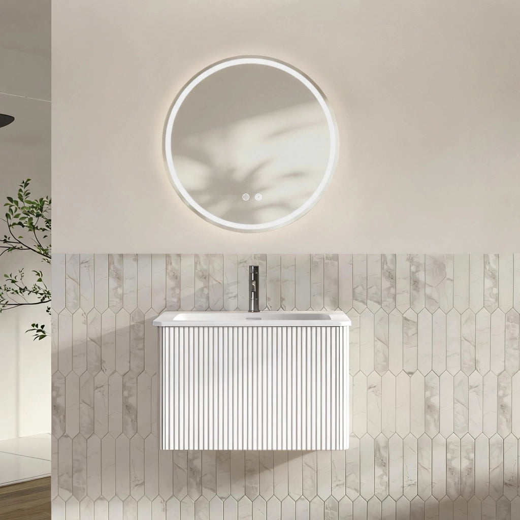 Set mobile bagno sospeso con specchio LED antiappannamento in vetro MDF compensato e Solid Surface bianco