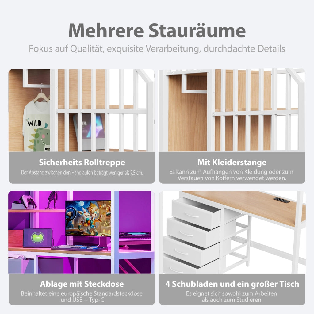 Letto a soppalco per bambini 90x200 cm con scrivania; LED e presa; ripiani e barra appendiabiti; metallo bianco