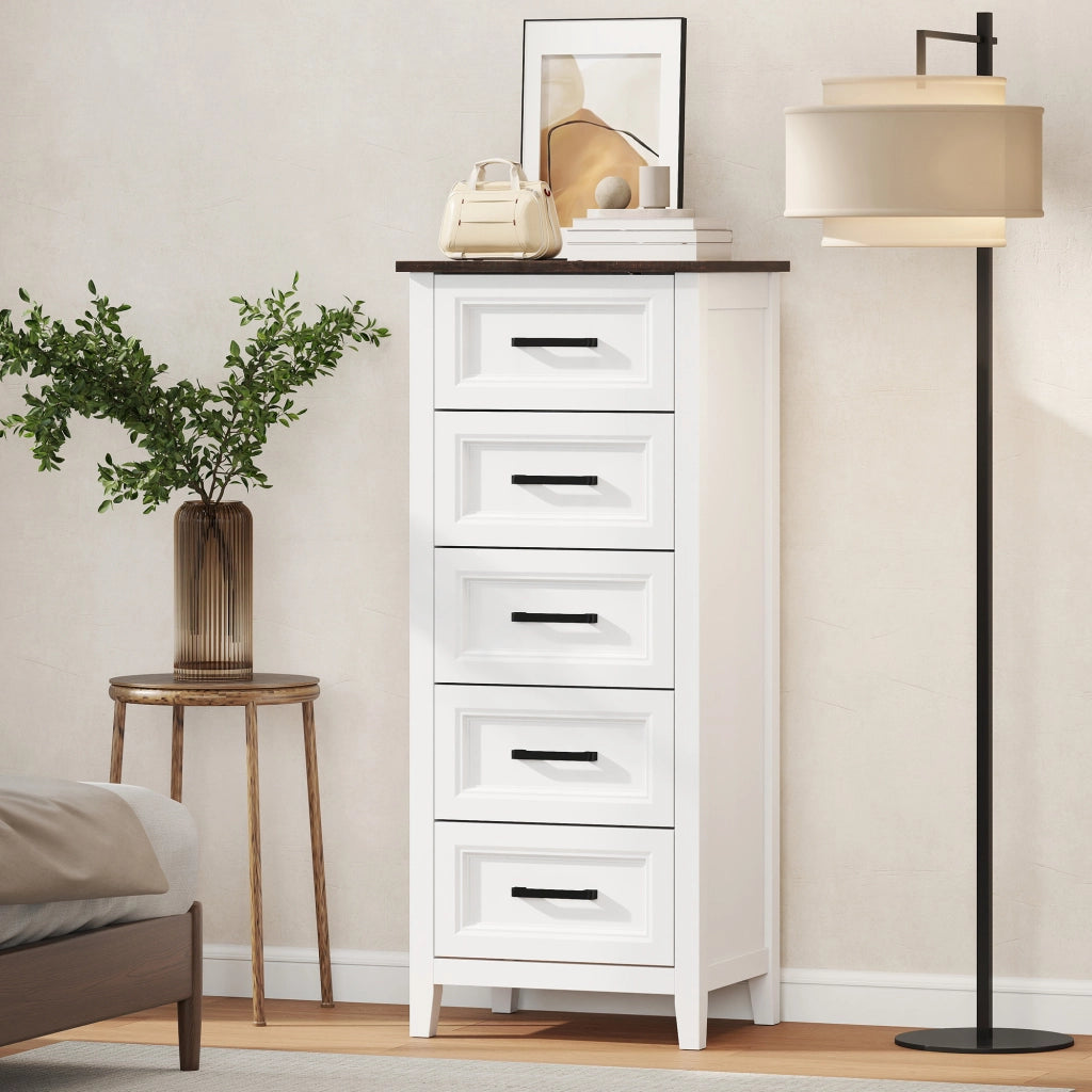 Cassettiera 45x35x106 cm con 5 Cassetti in MDF Bianco e Marrone