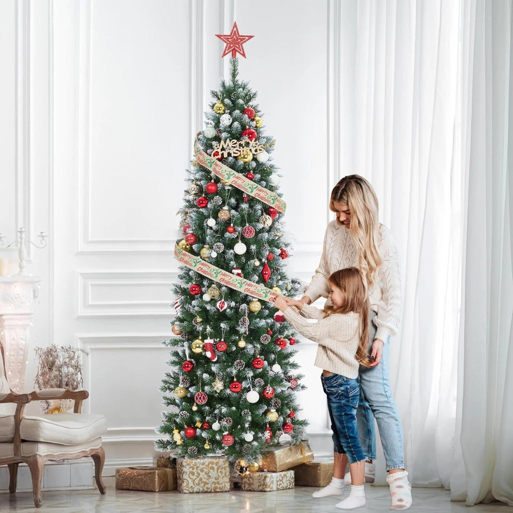 Albero di Natale Slim a Matita 230cm con 400 LED Bianco Caldo 1000 Punte Pigne e Base Metallo
