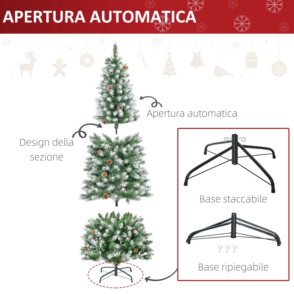 Albero di Natale Innevato 180 cm con 630 Rami e 37 Pigne, in Plastica e Metallo, Facile da Montare per Casa, Verde e Bianco