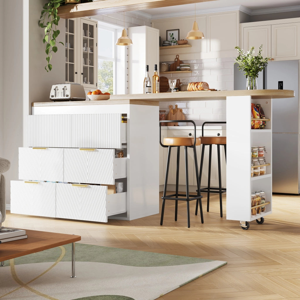Tavolo alto girevole con 6 cassetti e ripiano laterale in MDF bianco per cucina soggiorno e ufficio domestico