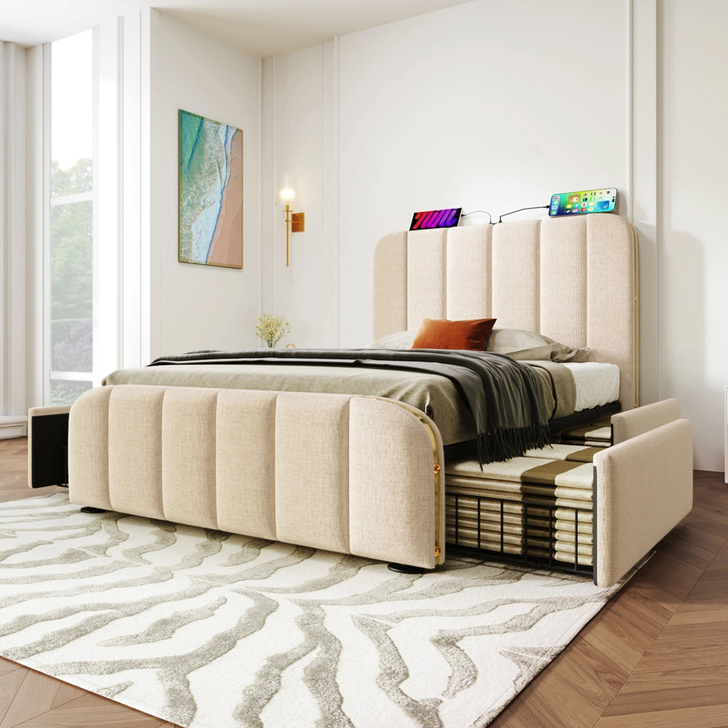 Letto Singolo 90x200 cm Imbottito con 4 cassetti; USB-C; con materasso; Lino; Beige