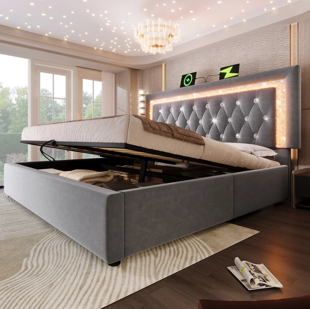 Letto matrimoniale imbottito con contenitore; LED; USB e Type-C; 140x200 cm; grigio