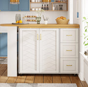 Carrello Bar allungabile con 2 Ante, 3 Cassetti e Piano in Effetto Legno, bianco/nero, 135-228x39x104 cm, con ruote